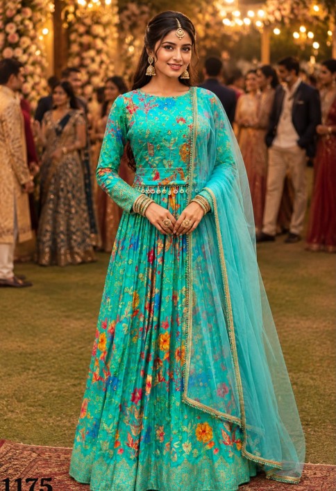 Colour Turquoise Fabric Viscose Occasion Ceremonial, Engagement, Wedding Style Gown Work Embroidered, Print